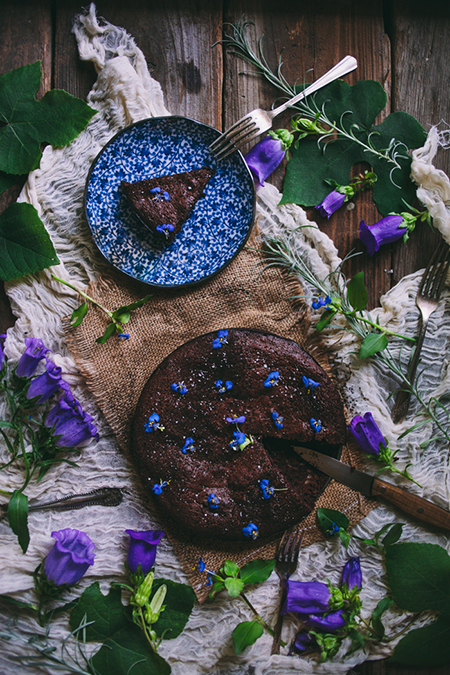 Preciously Me blog : Salted Almond Flourless Chocolate Cake With Violets by Adventures in Cooking